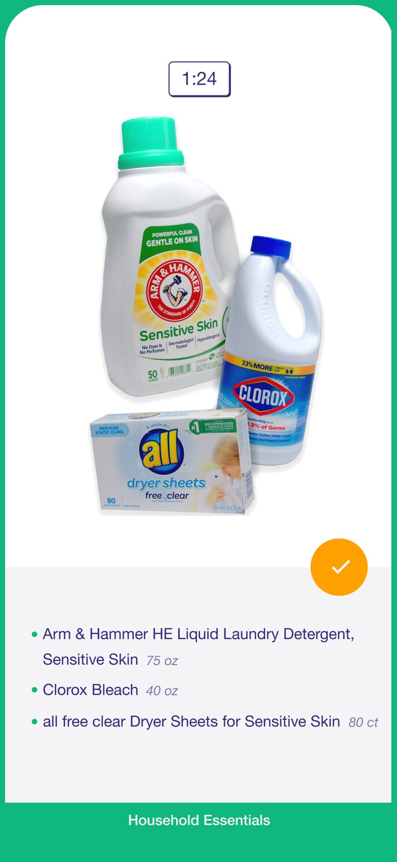 Laundry and cleaning bundle number 3: laundry detergent for sensitive skin, Clorox bleach, and sensitive dryer shseets