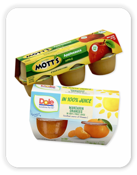 Mott’s Apple Sauce Cups, 24 oz; Dole Mandarin Orange Cups, 16 oz. 