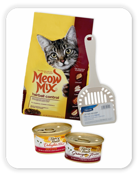 Meow Mix, 50.4 oz; Fancy Feast Gravy Lovers, 3 oz; Fancy Feast Chicken & Cheddar, 3 oz; Petmate Litter Scooper